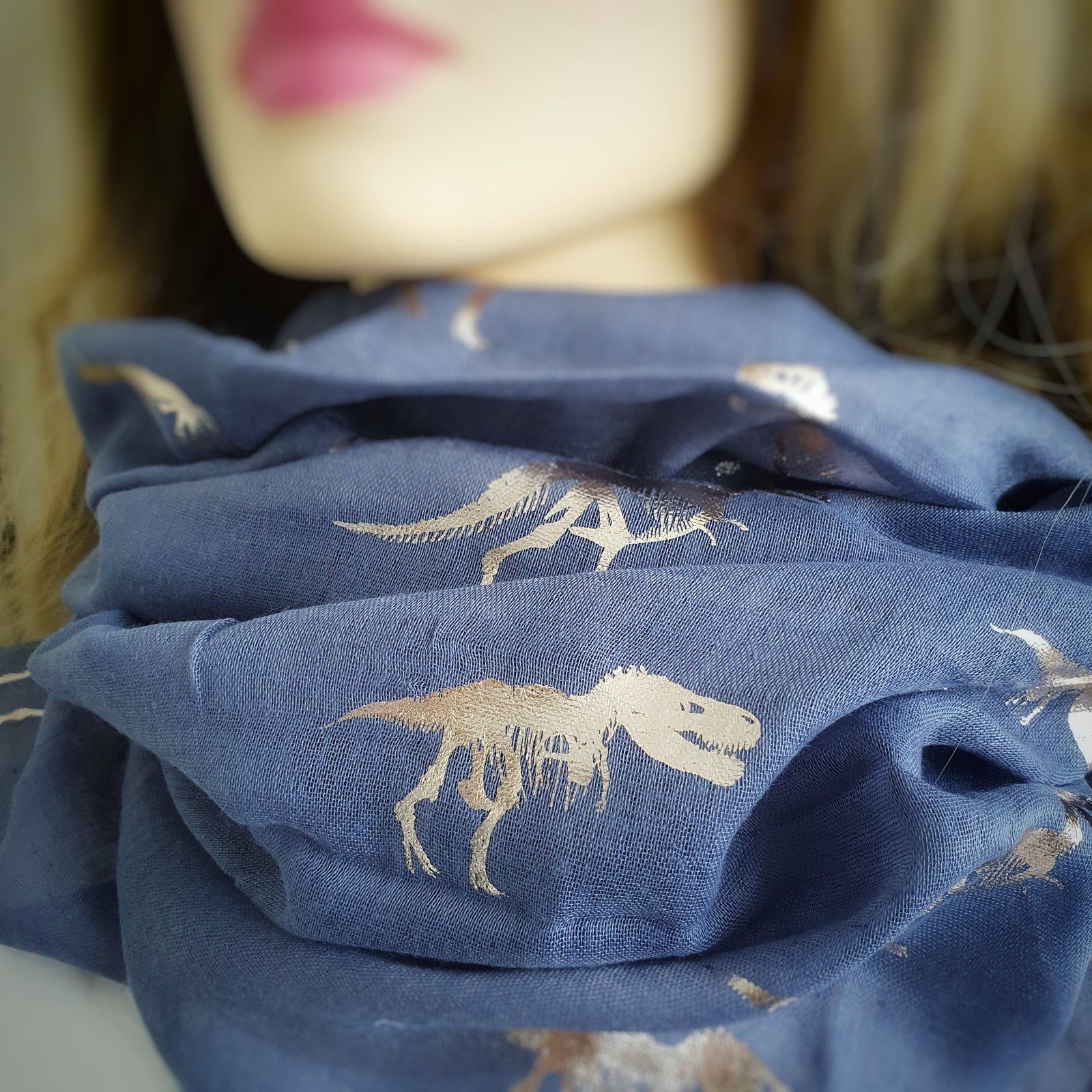 Foiled Dinosaur Scarf Rose Gold Blue