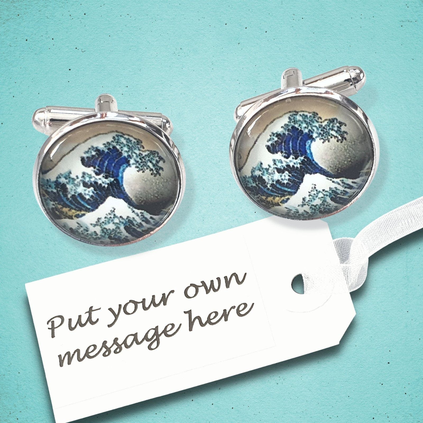 Hokusai Great Wave Kanagawa Cufflinks Silver Glass