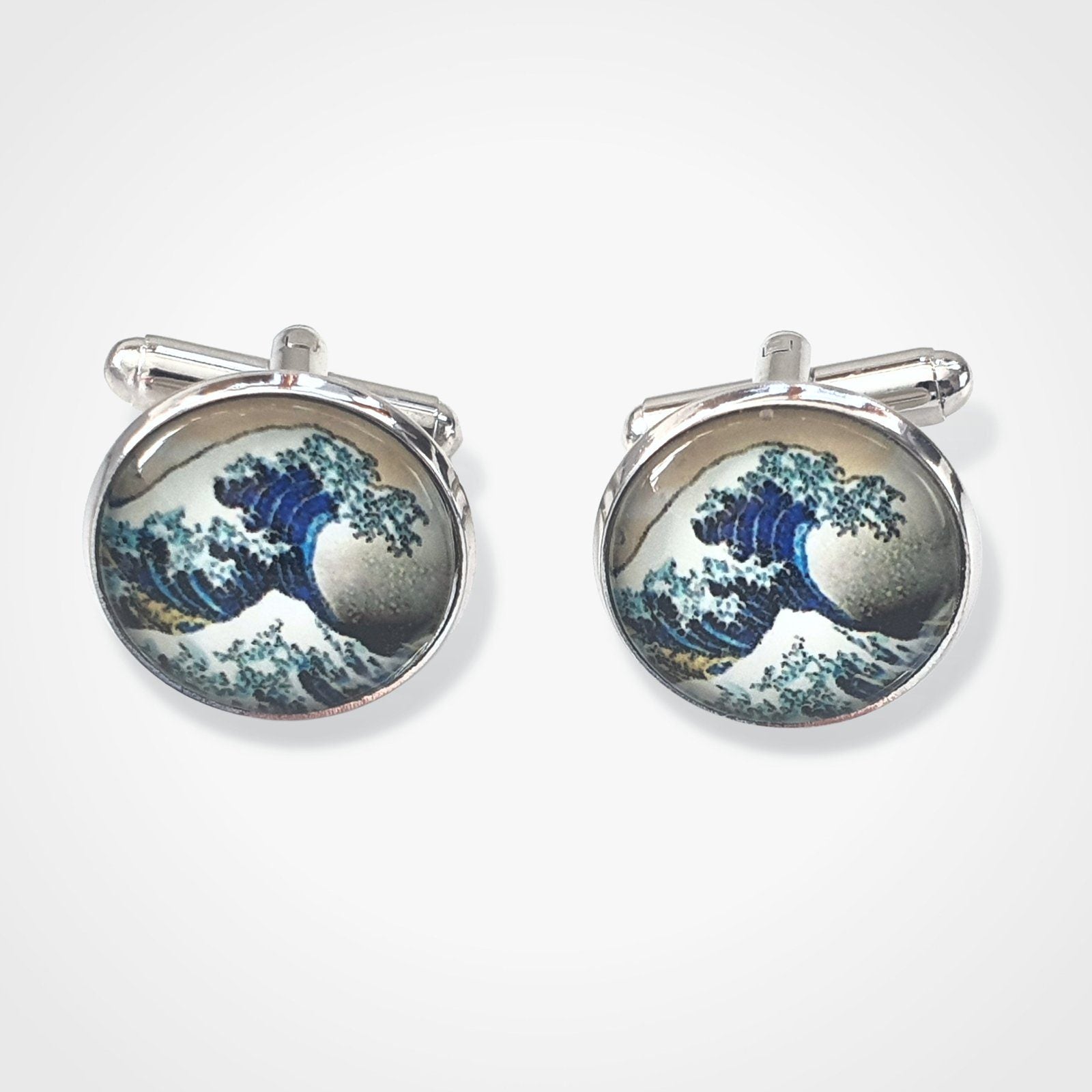 Hokusai Great Wave Kanagawa Cufflinks Silver Glass