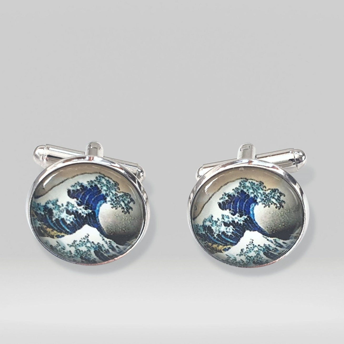 Hokusai Great Wave Kanagawa Cufflinks Silver Glass