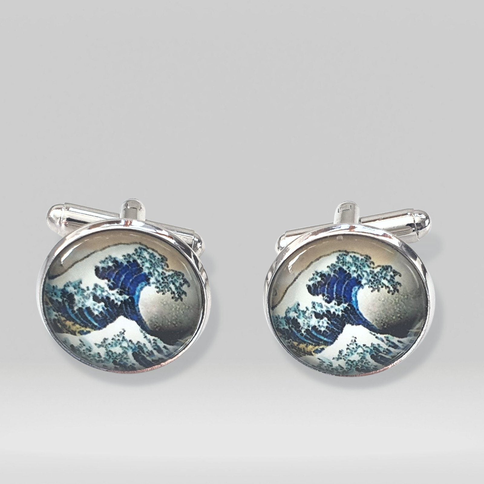 Hokusai Great Wave Kanagawa Cufflinks Silver Glass
