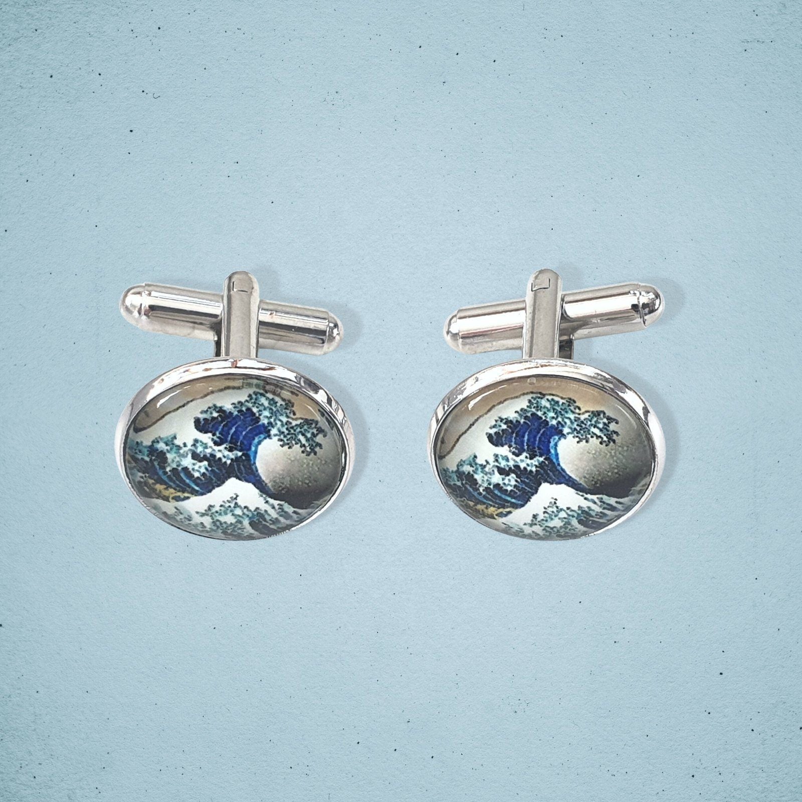 Hokusai Great Wave Kanagawa Cufflinks Silver Glass
