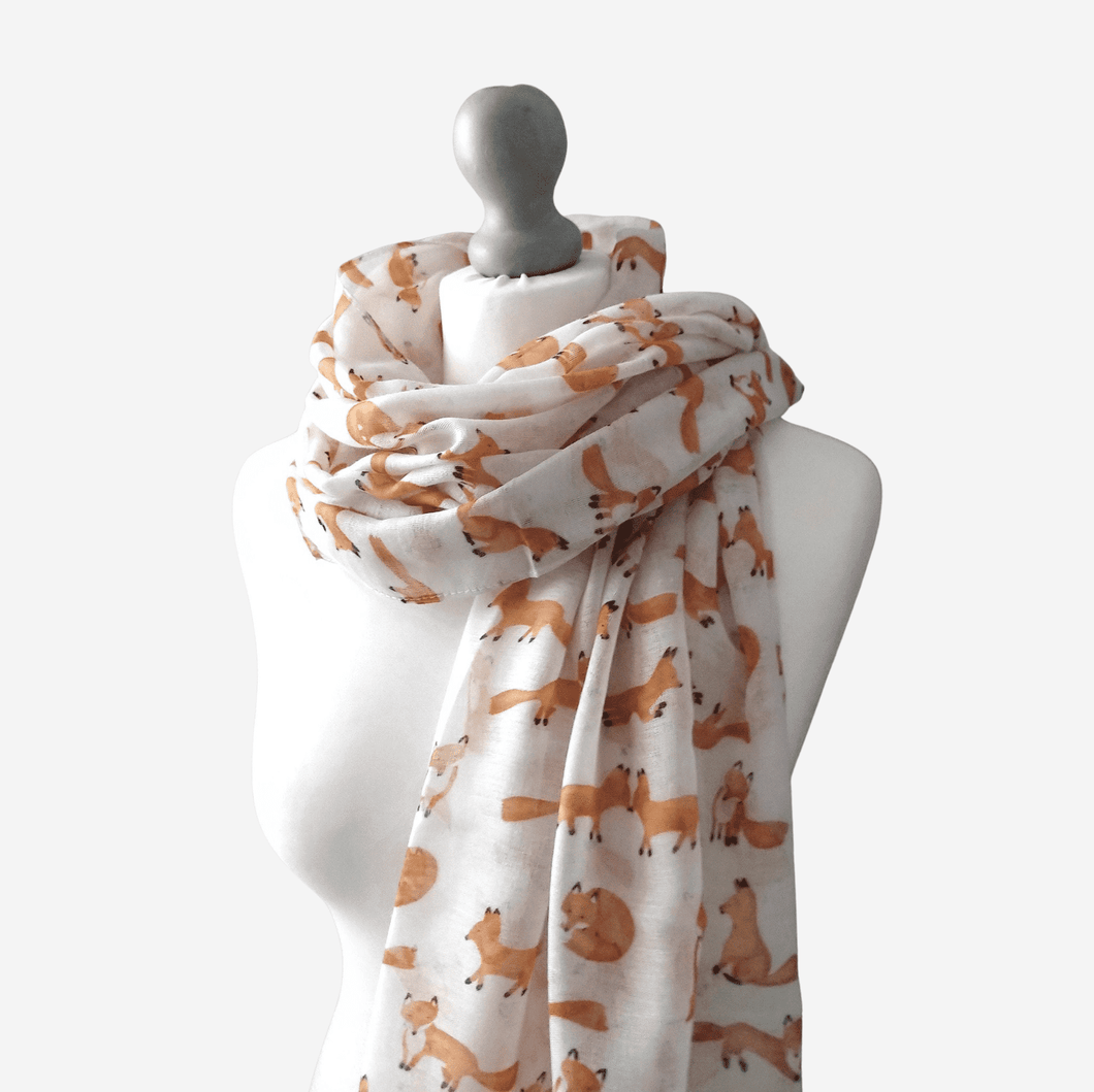 mini foxes print scarf white lightweight oversized ladies womens scarf