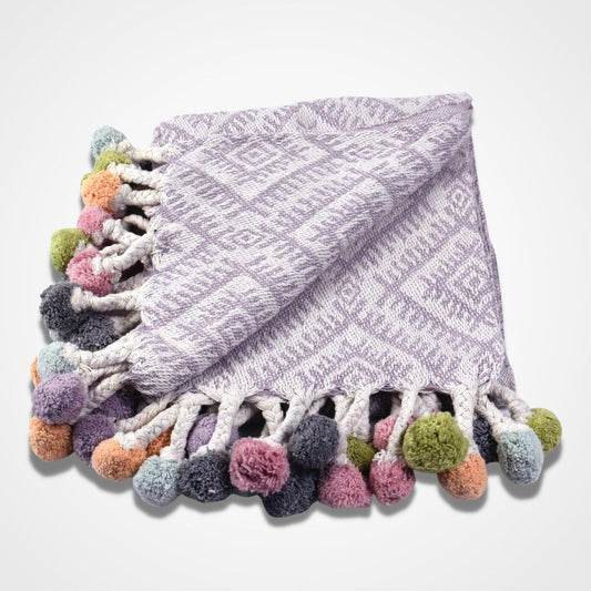 Multi Coloured Pom Cotton Throw Lilac