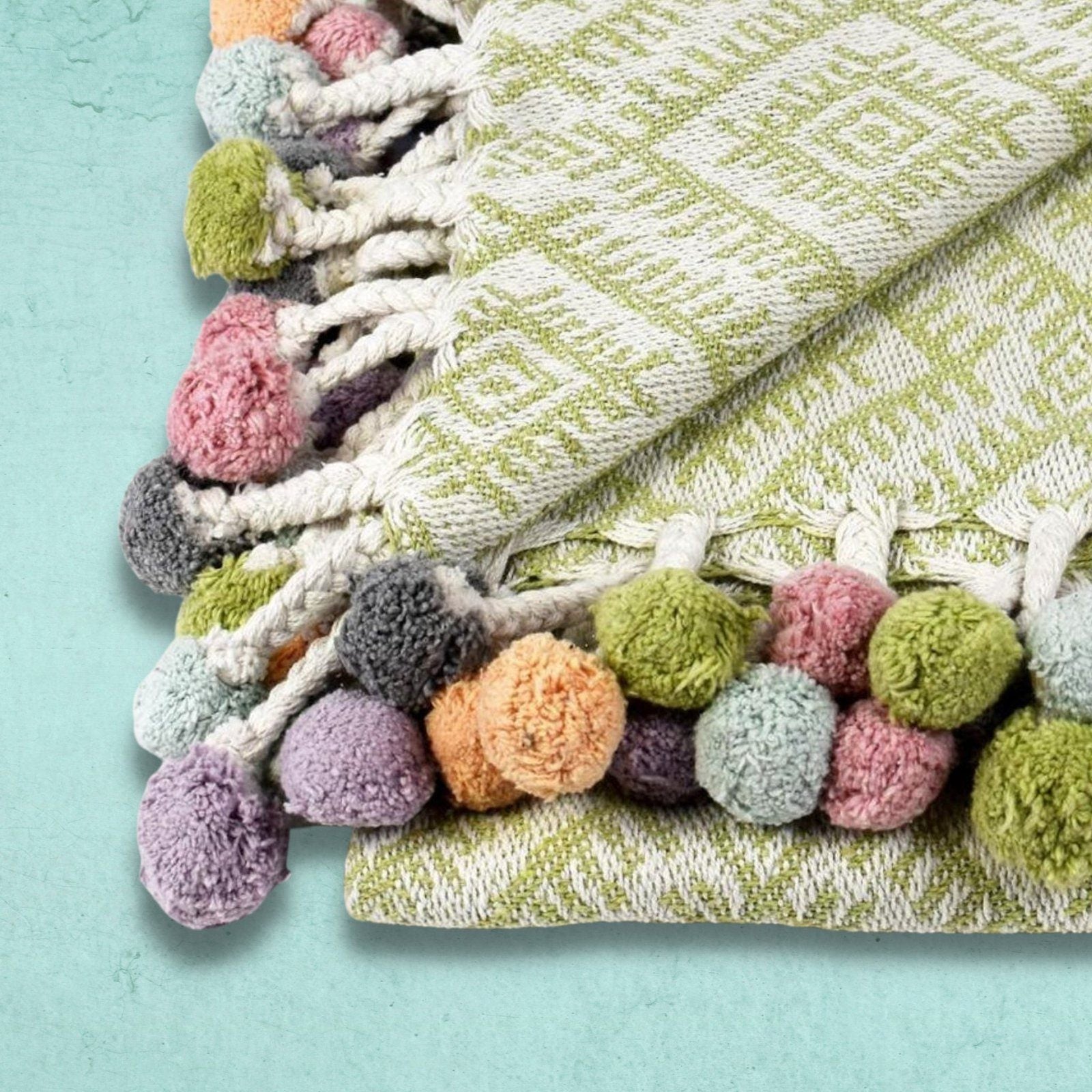 Multi Coloured Pom Cotton Throw Pistachio