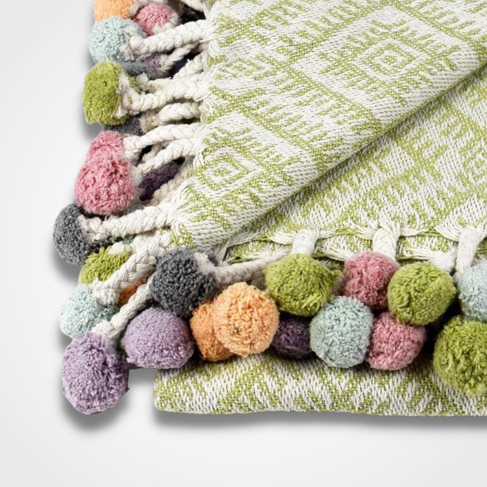 Multi Coloured Pom Cotton Throw Pistachio