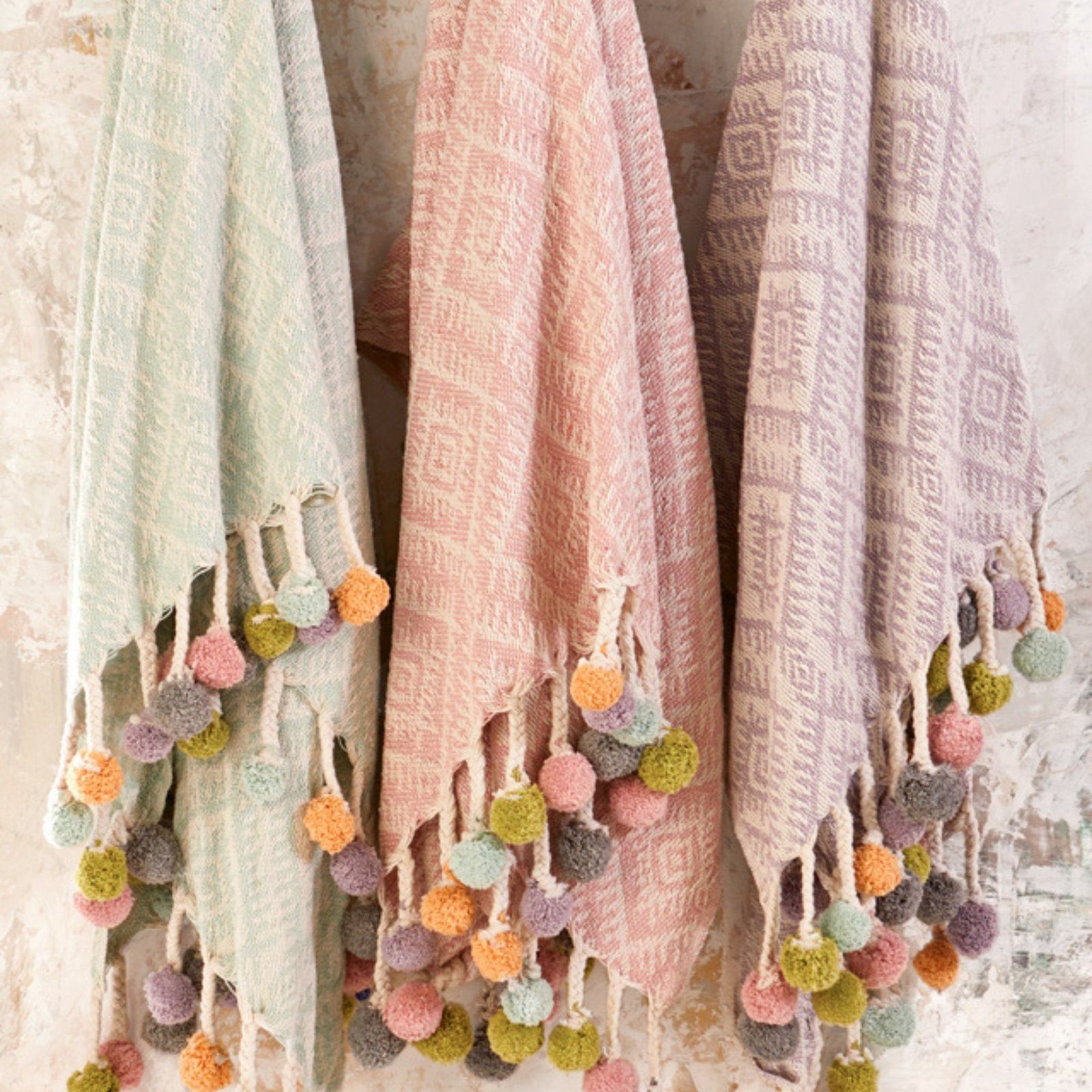 Multi Coloured Pom Cotton Throw Pistachio