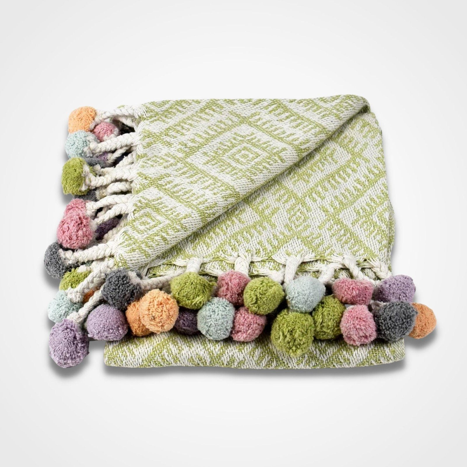Multi Coloured Pom Cotton Throw Pistachio