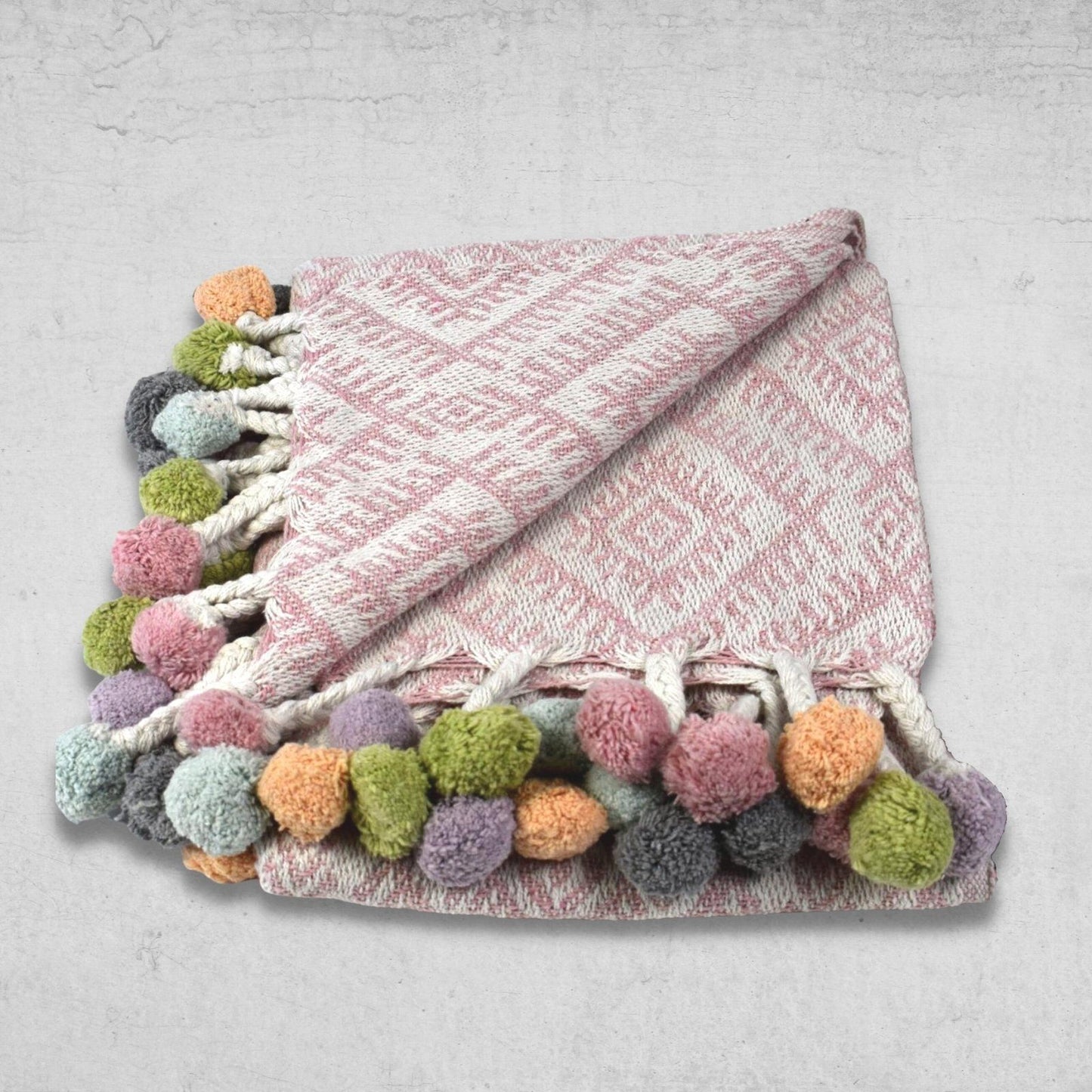 Multi Coloured Pom Cotton Throw Rose