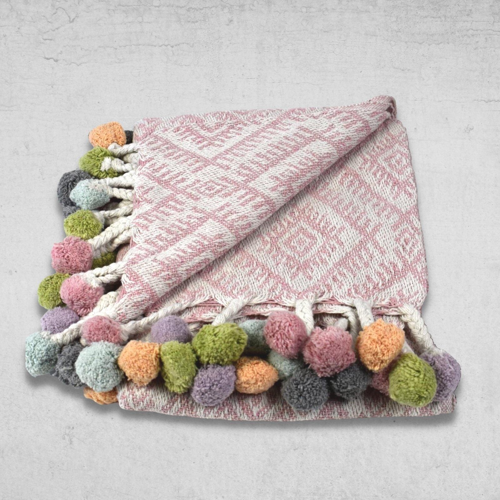 Multi Coloured Pom Cotton Throw Rose