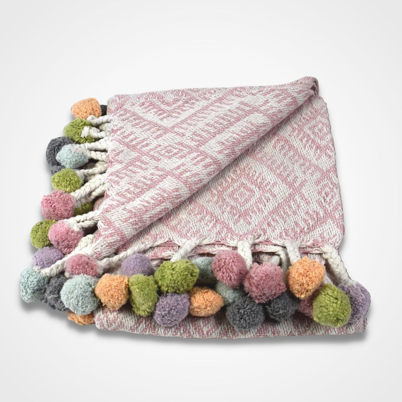 Multi Coloured Pom Pom Cotton Throw Rose Juliet English