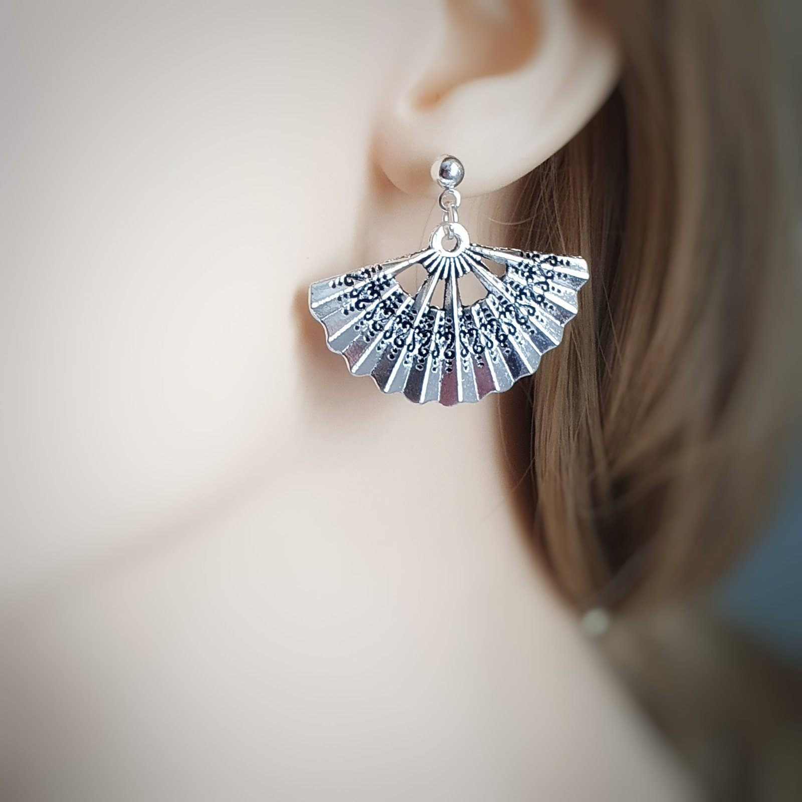 Oriental Fan Earrings Silver