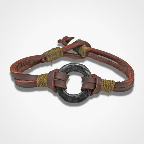 Pewter Disc Brown Leather Men Bracelet