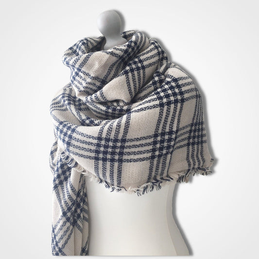 Plaid Blanket Scarf Blue Ecru