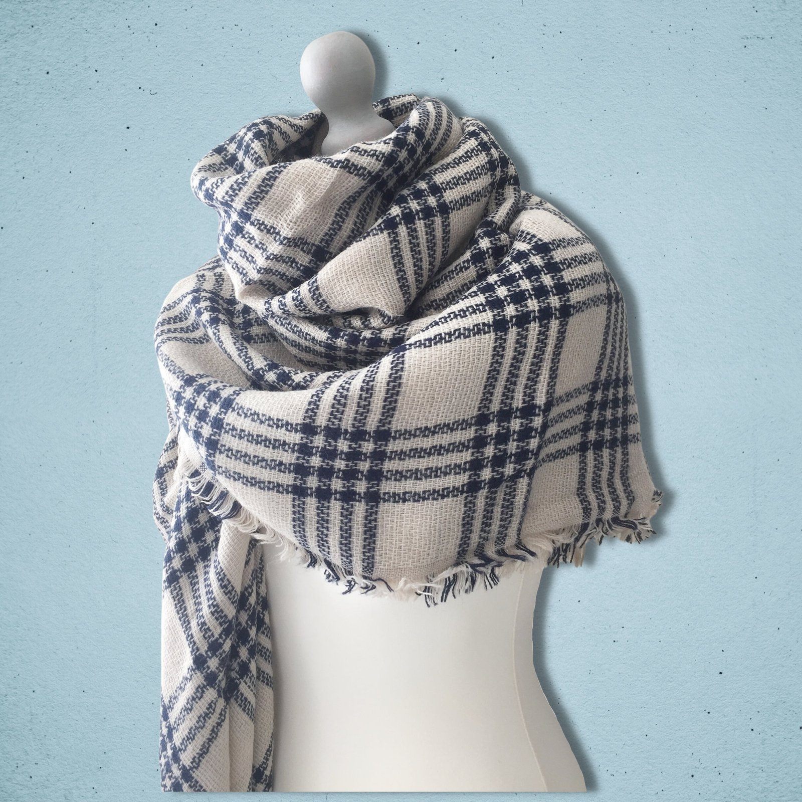 Plaid Blanket Scarf Blue Ecru