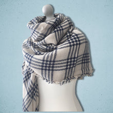 Load image into Gallery viewer, Plaid Blanket Scarf Blue Ecru
