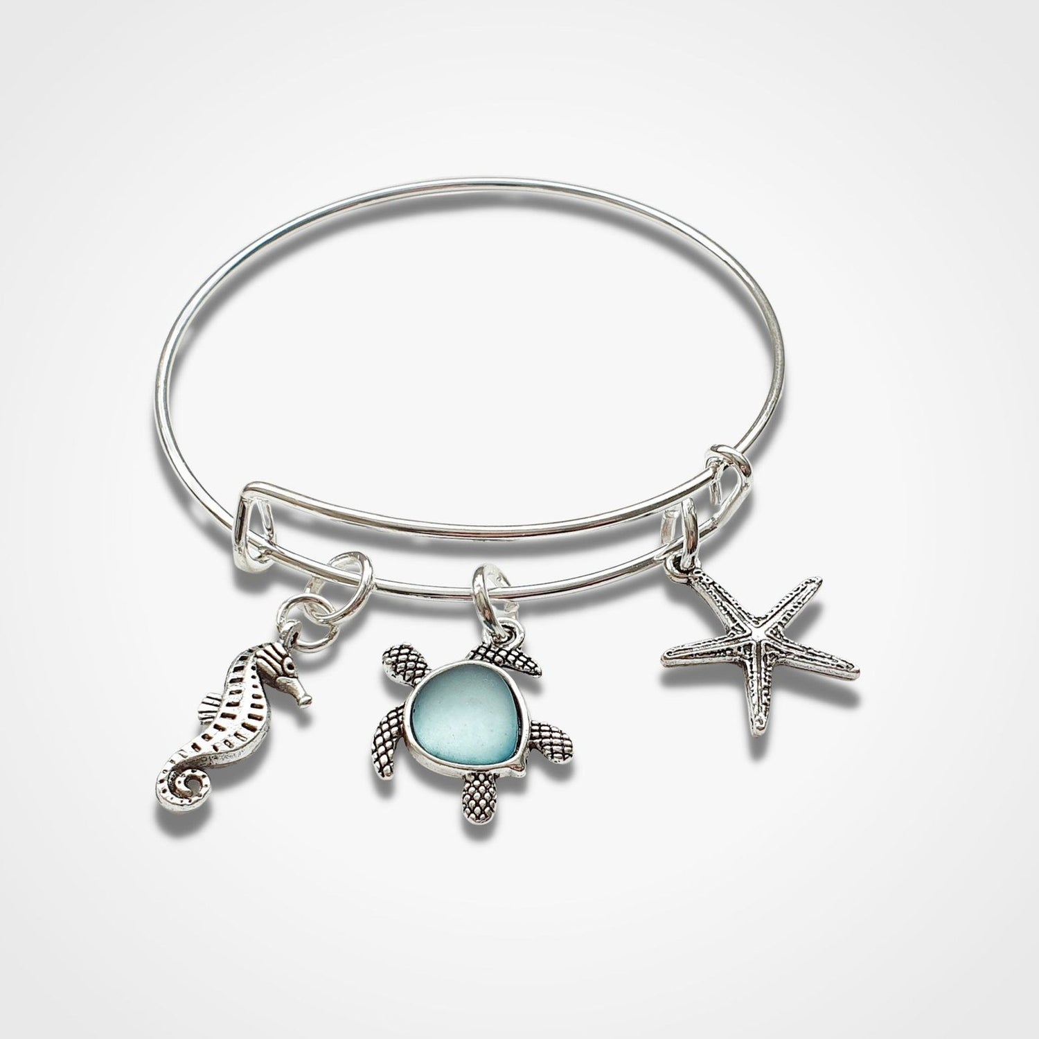 Seaglass Turtle Bangle Blue Silver