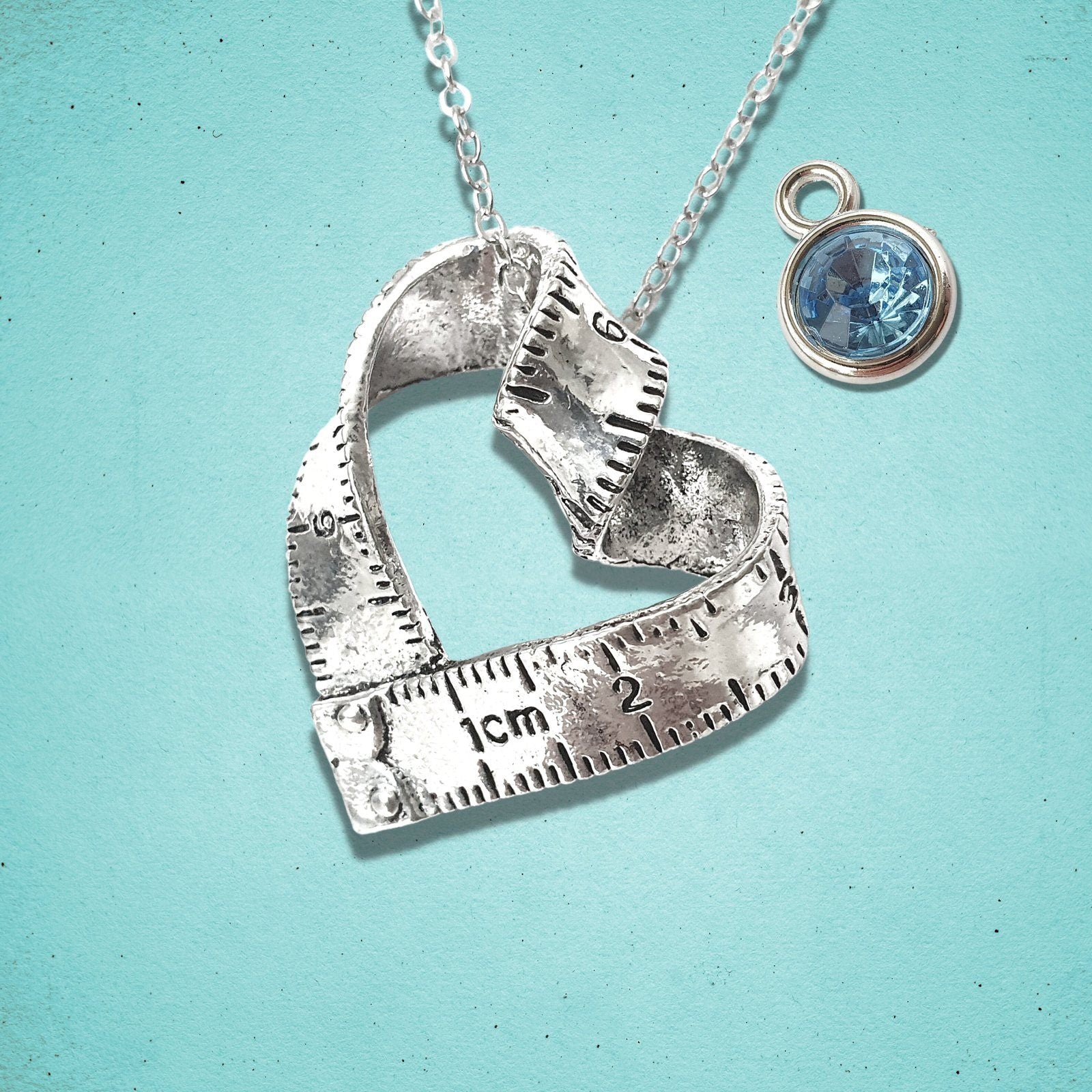 Seamstress Tape Measure Heart Necklace Silver