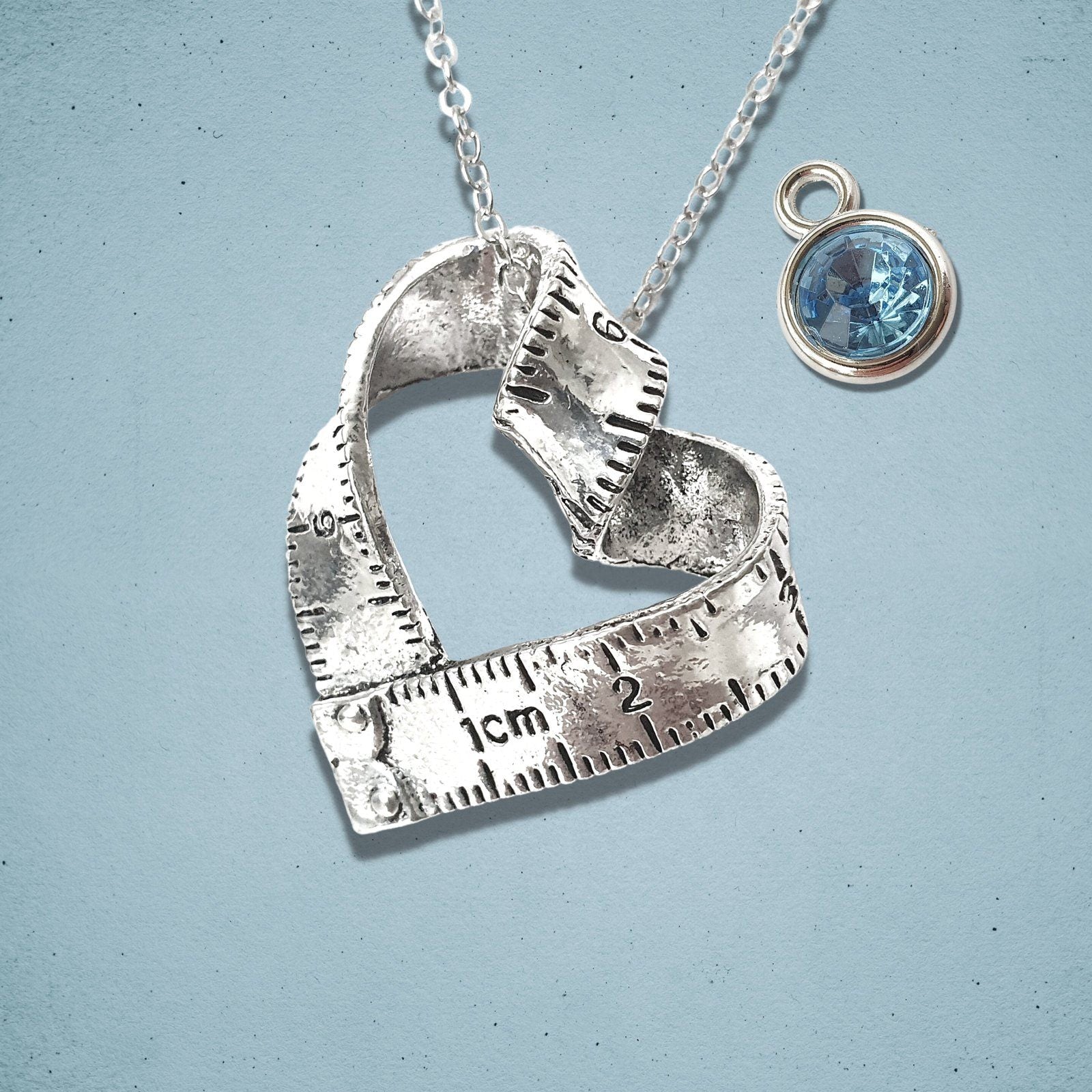 Seamstress Tape Measure Heart Necklace Silver