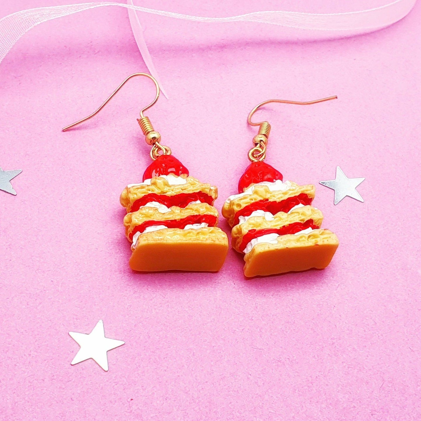 Strawberry Cake Earrings Silver Resin
