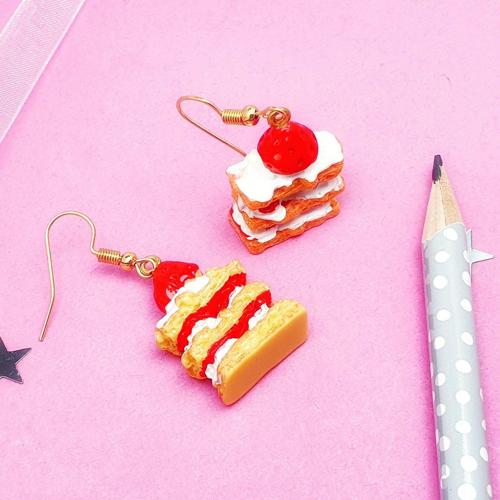 Strawberry Cake Earrings Silver Resin