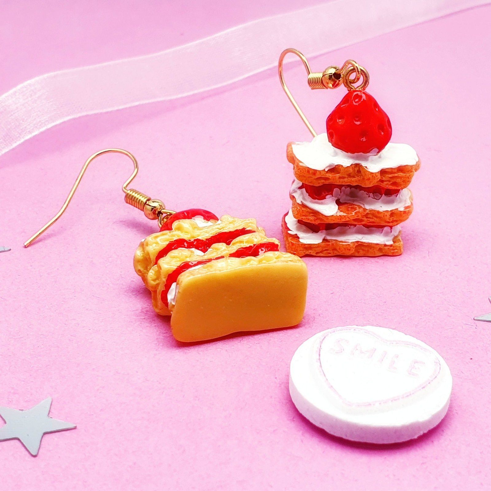 Strawberry Cake Earrings Silver Resin