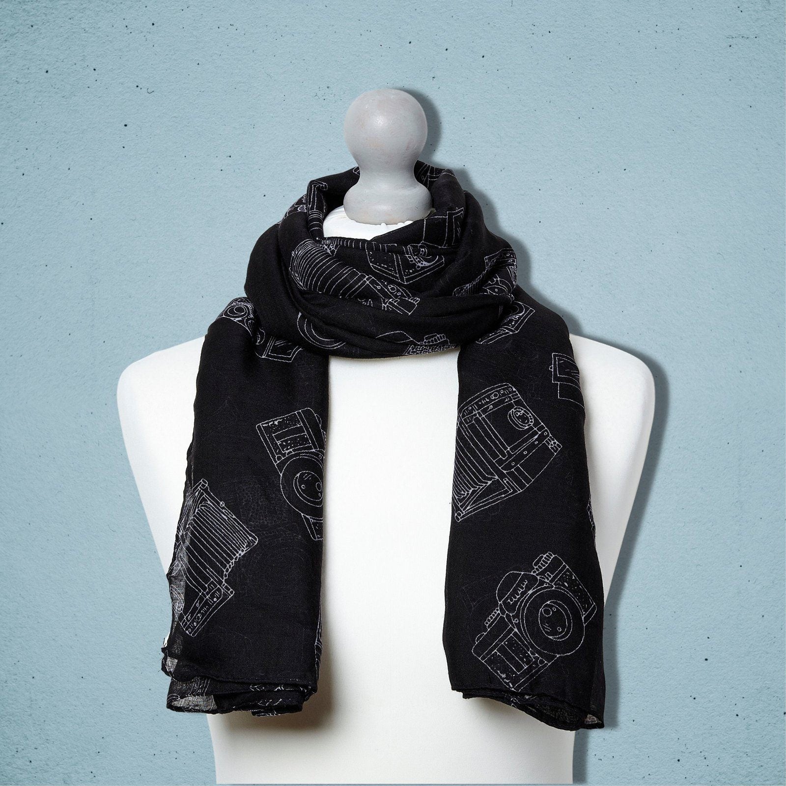 Vintage Camera Print Scarf Black