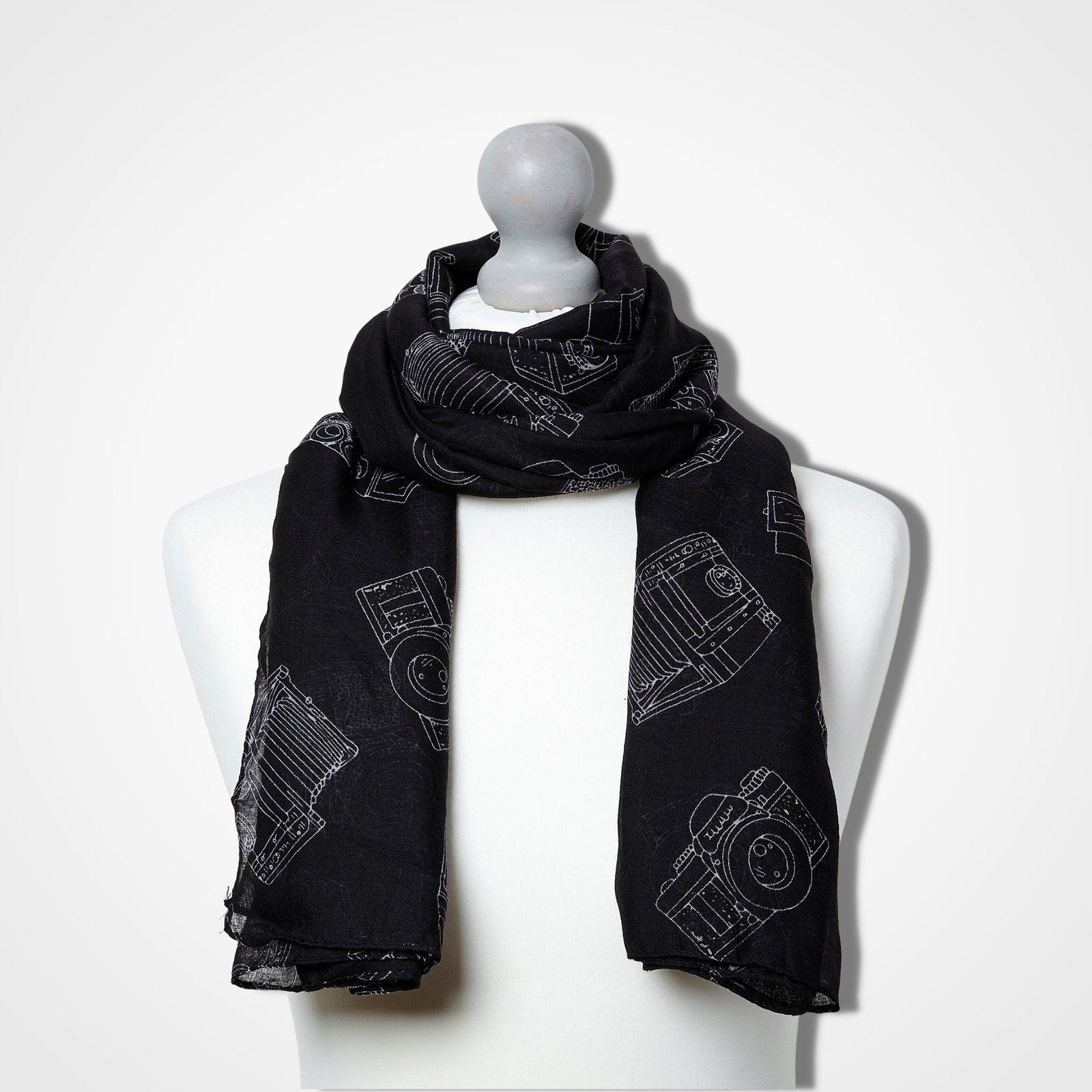 Vintage Camera Print Scarf Black