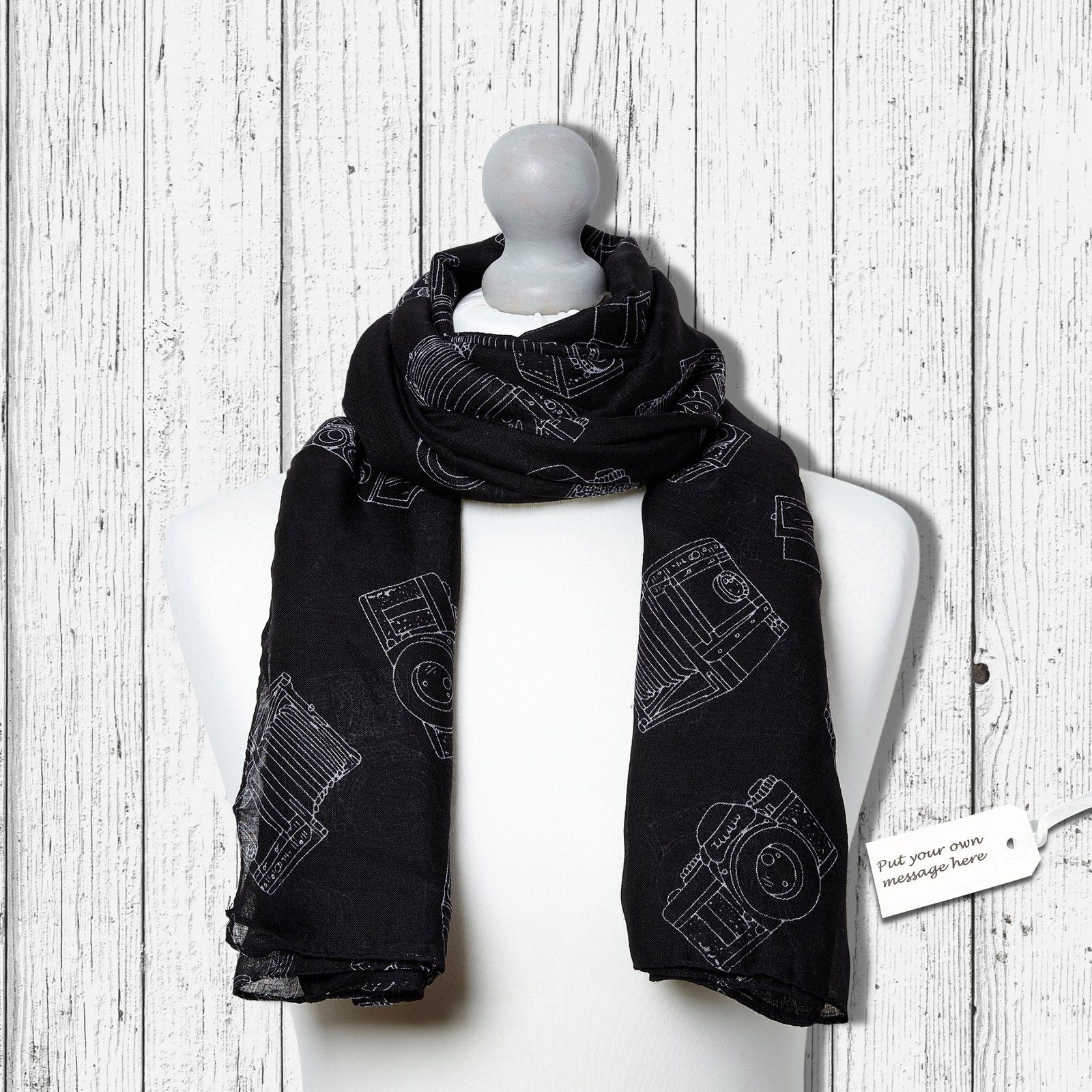 Vintage Camera Print Scarf Black