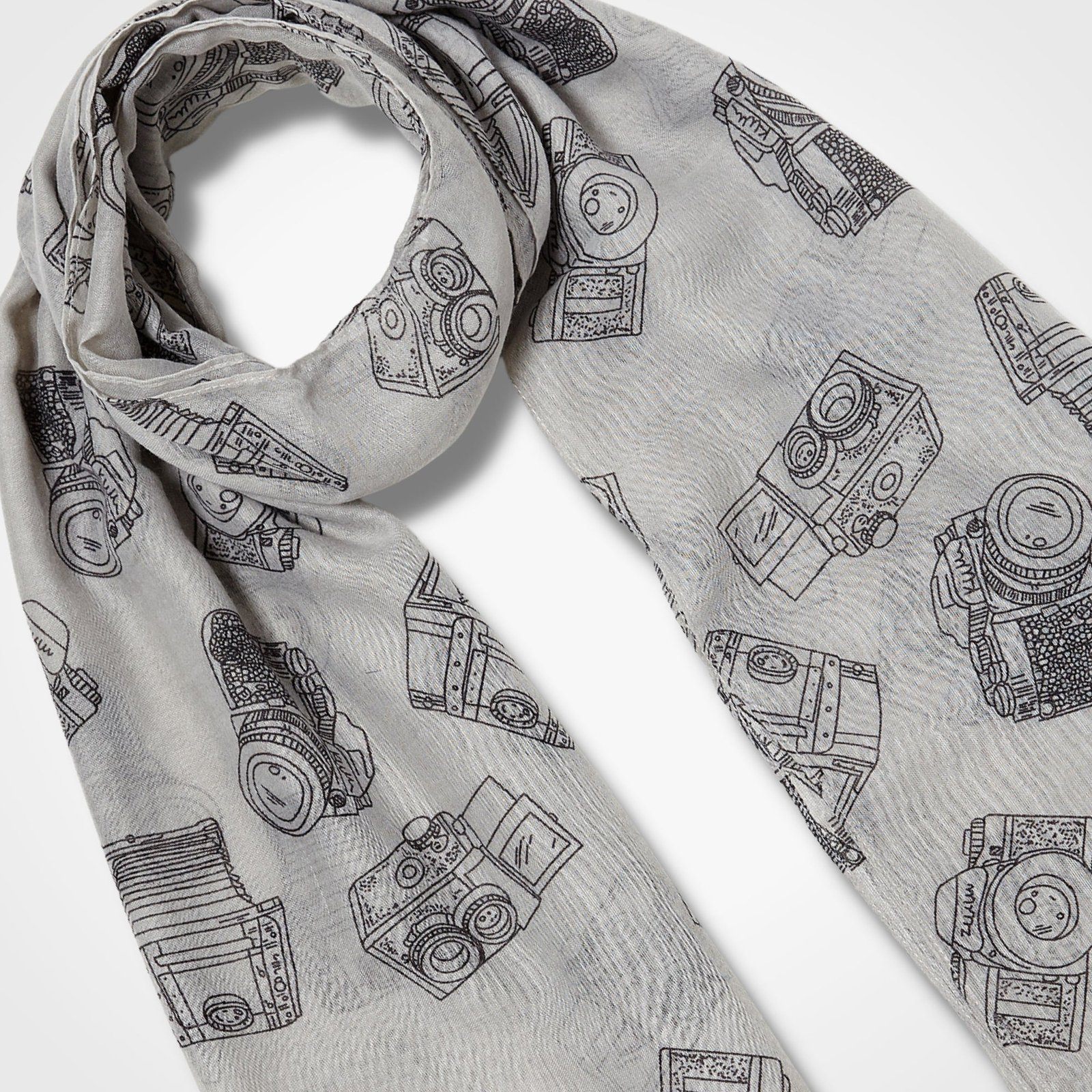 Vintage Camera Print Scarf Grey