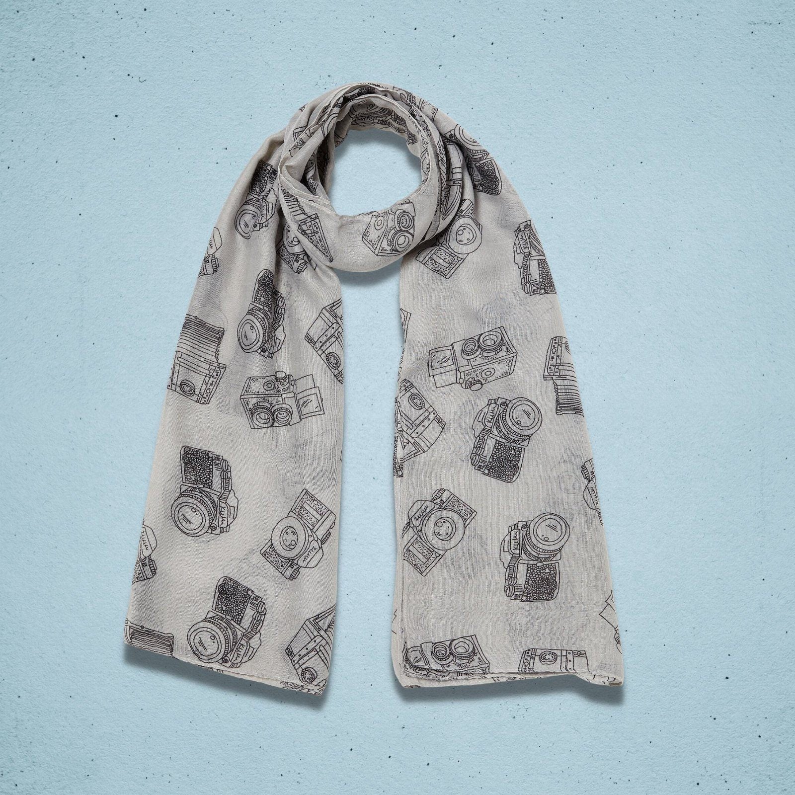 Vintage Camera Print Scarf Grey