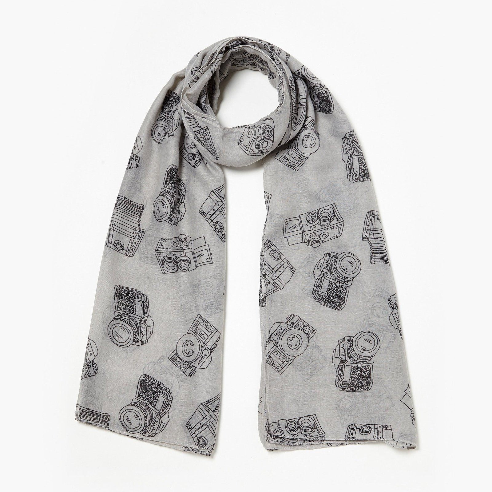Vintage Camera Print Scarf Grey
