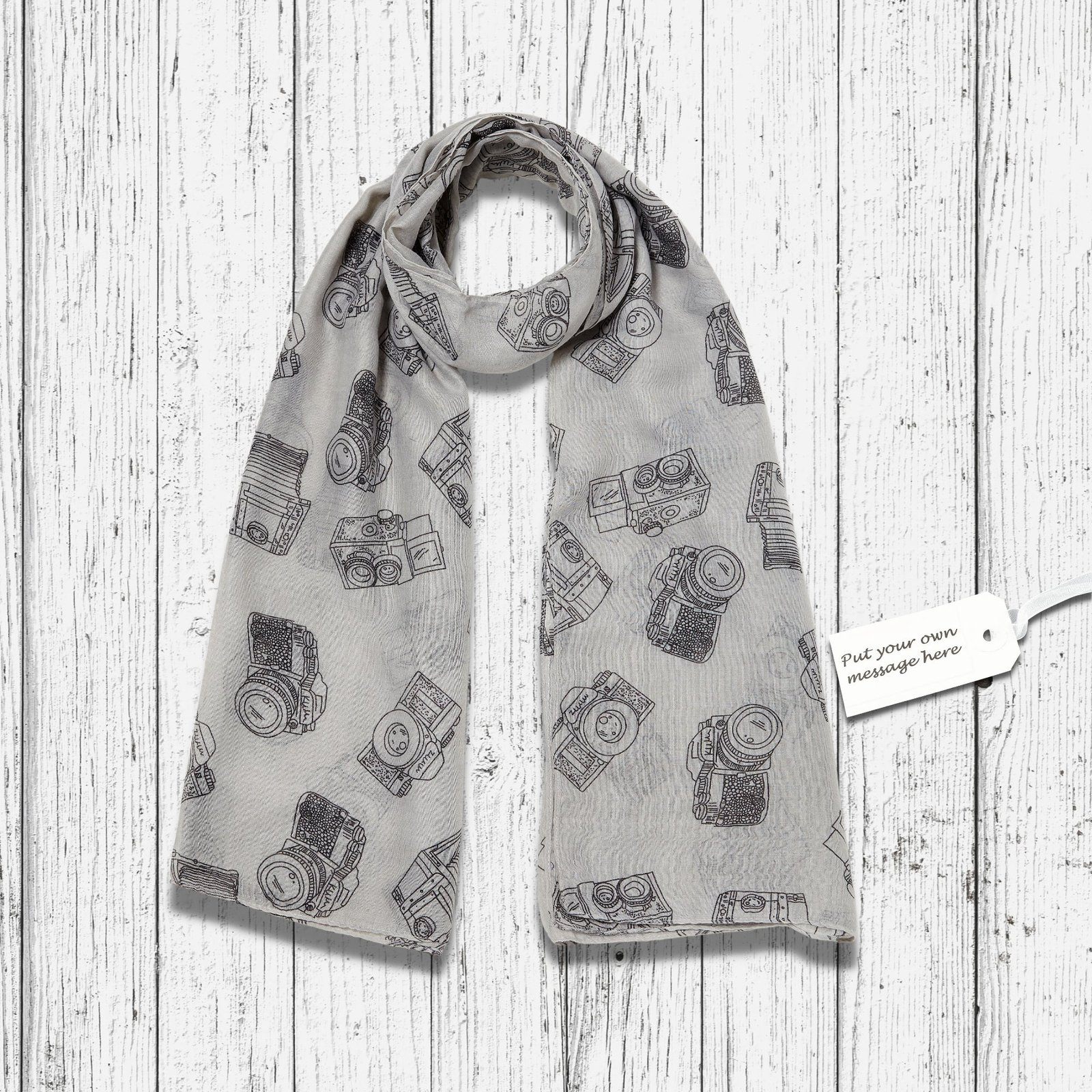 Vintage Camera Print Scarf Grey