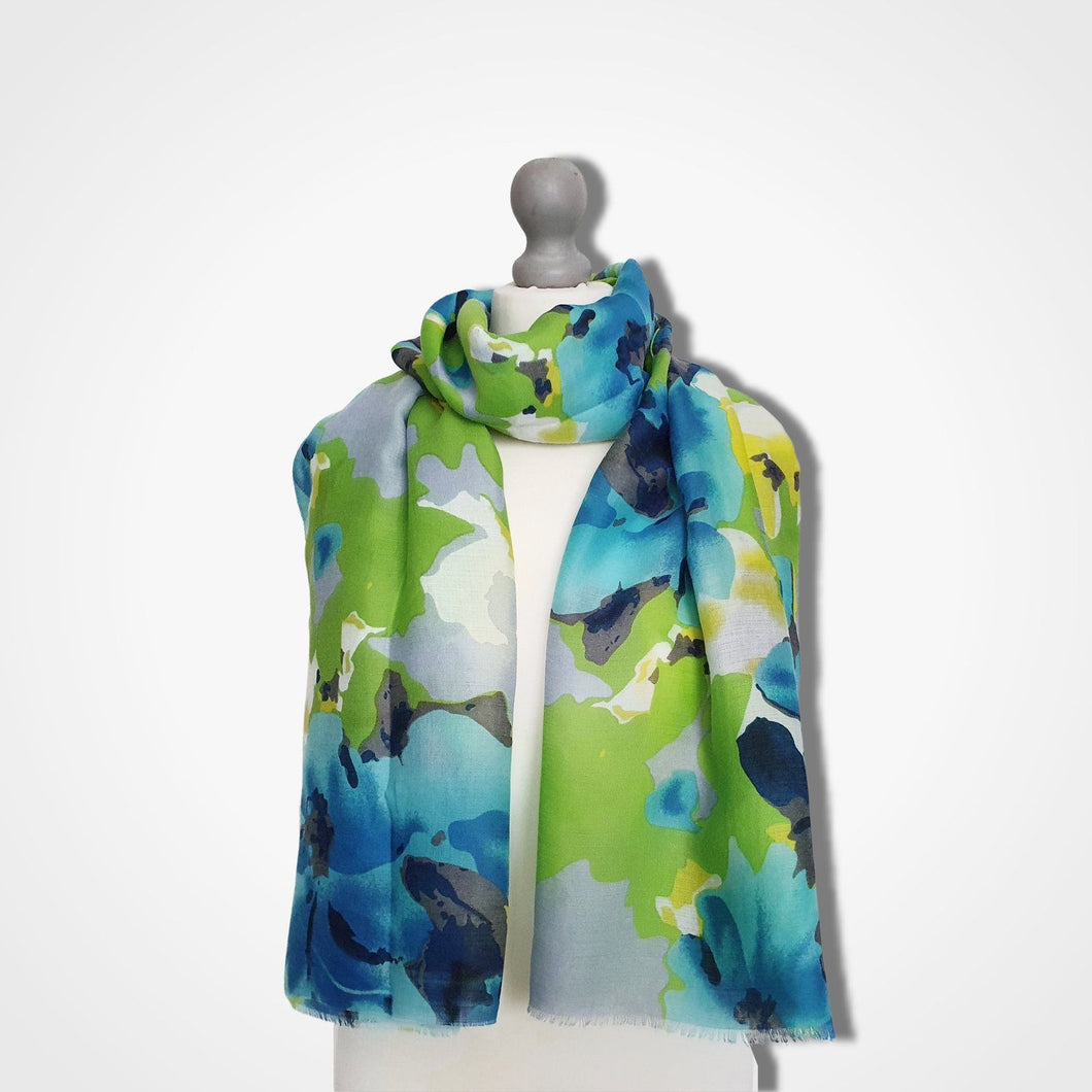 Watercolour Floral Scarf Blue Green
