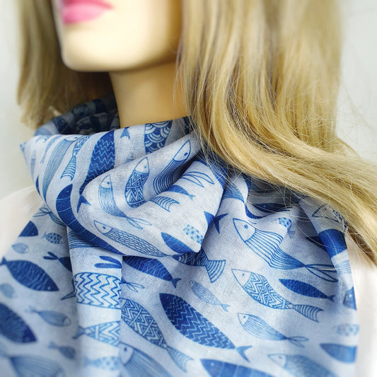 Fishes Scarf - Blue & Grey