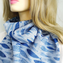 Load image into Gallery viewer, Fishes Scarf - Blue &amp; Grey
